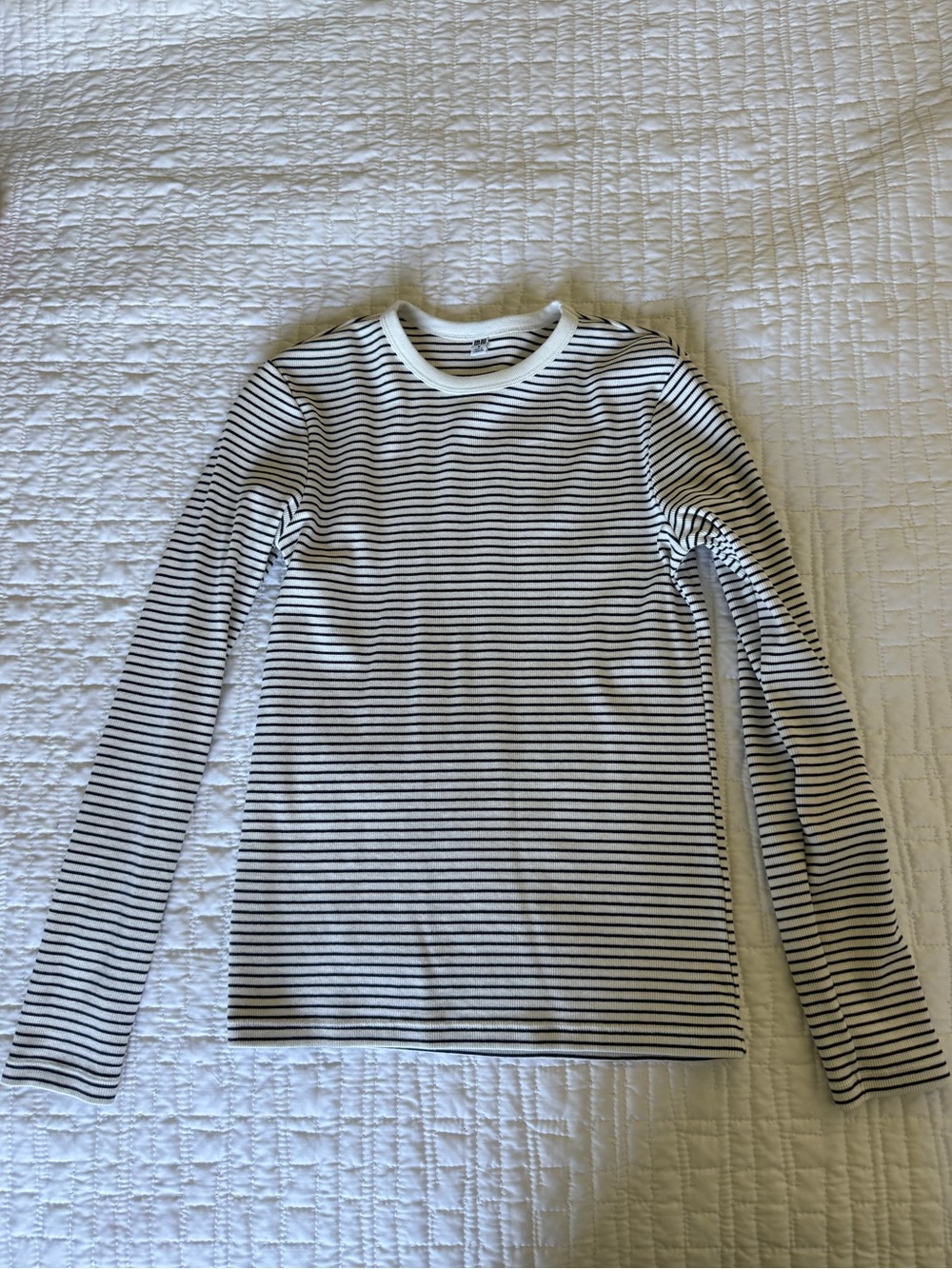 Uni-Qlo Long Sleeve Tee. White with black stripes. Navy blue with green stripes